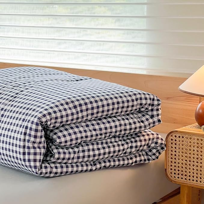 NSNLGSGC Queen Comforter Set, Navy Gingham Bedding Comforter Sets, Blue Grid Bed Comforter 3 Pieces (1 Comforter, 2 Pillowcases)