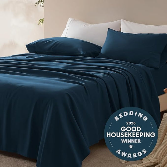 SLEEP ZONE Nanotex Super Soft Cooling Queen Bed Sheets Set 4 Piece - Easy Care Fitted Flat Sheet & Pillowcase Sets - Wrinkle Free, Fade Resistant, Deep Pocket 16" (Navy Blue, Queen)