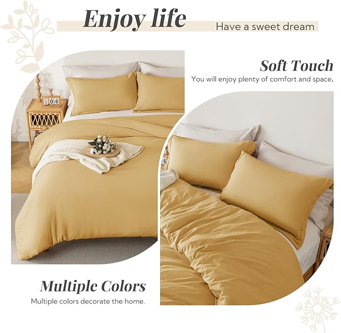 MILDLY Super Soft Duvet Cover 2pcs - 100% Washed Microfiber Yellow Comforter Cover Set with Zipper Closure & Corner Ties (No Comforter)
