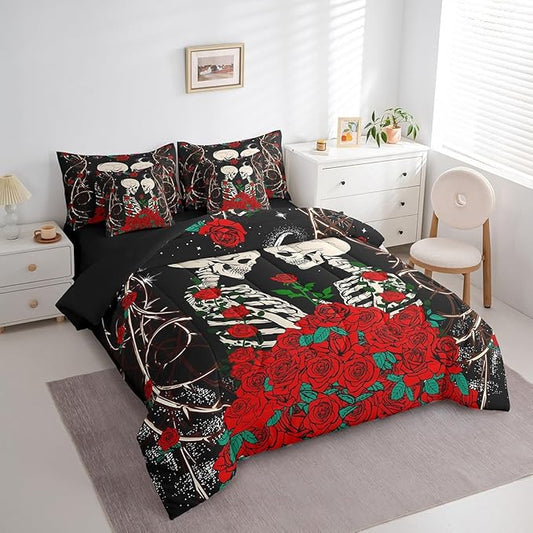 Erosebridal Sugar Skull Comforter Set 7 Piece Bed in a Bag Twin,Gothic Bone Skeleton Halloween Decorations Bedding Sets Red Rose Sheet Set with Comforter