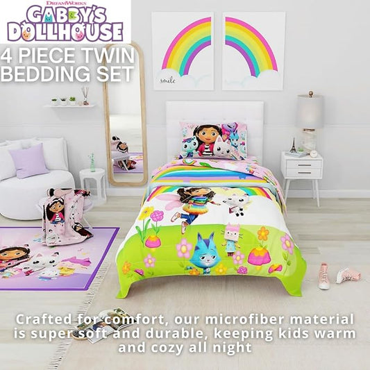 DreamWorks Gabby's Dollhouse Cakey, Mercat and Pandy Kids Bedding Super Soft Comforter and Sheet Set, 4 Piece Twin Size, (Official Licensed Product) by Franco