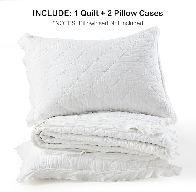 HORIMOTE HOME 100% Linen Front/100% Cotton Back Quilt Set Queen Size, White Pre-Washed European Flax Linen Quilt, Diamond Stitch Bedspread Coverlet Bedding Set 3-Piece for All Seasons