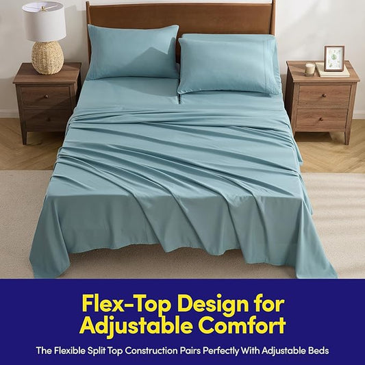 Split Head King Sheets Set for Adjustable Beds 4 Piece Flex Top Bed Sheets – Deep Pocket Split Top Fitted Sheet with Built-in Corner Straps, Luxury Soft Cooling Bedding, Wrinkle Resistant, Misty Blue