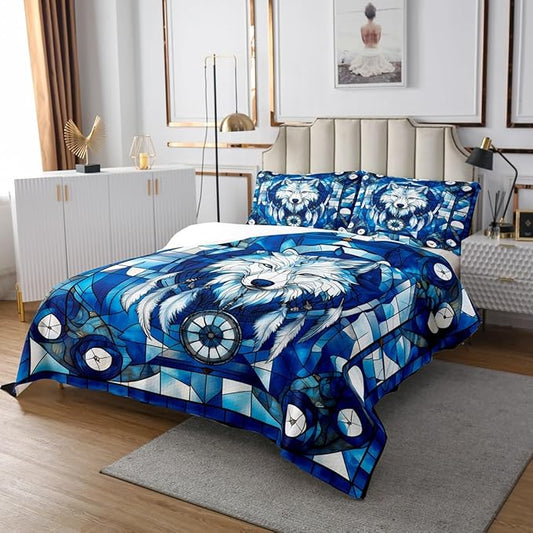 Wolf Kids Bedspread Twin Size,Dreamcatcher Feather Wild Animal Rustic Hunting Coverlet Set,Boys Girls Room Decor,Indian Geometric Grids Patchwork Quilted Coverlet,Boho Bedding Quilt,1 Pillowcase