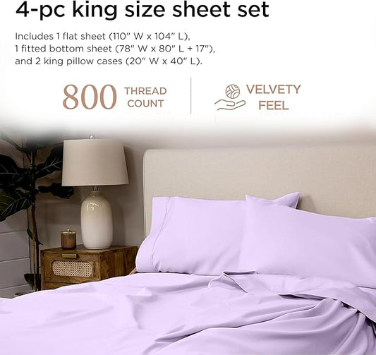 Threadmill King Size Sheets | 800 Thread Count King Bed Sheets Set for King Mattress 16” Deep Pocket | Sateen Weave, Better Than Egyptian Cotton, 4-Piece Bedding Set with Cooling Effect | Lilac