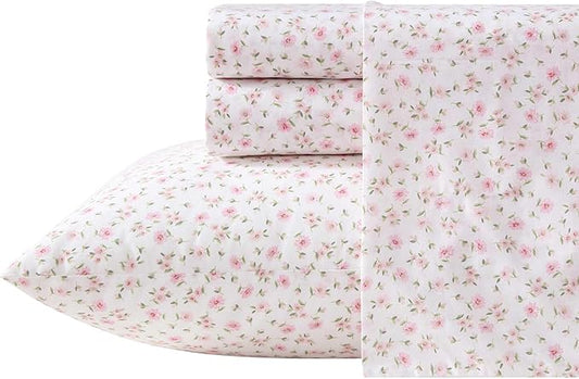 Laura Ashley - Twin XL Sheet Set, Crisp & Cool Cotton Percale Bedding for Year Round Comfort, Deep Pocket, Bed Sheets with Matching Pillowcase (Little Ditsy Pink)