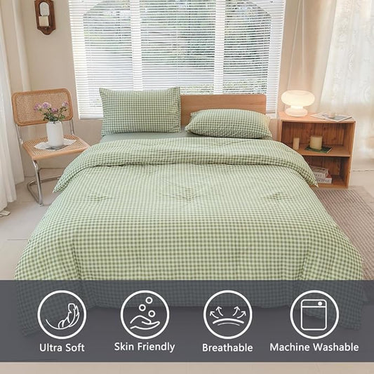NSNLGSGC Queen Comforter Set, Sage Green Gingham Bedding Comforter Sets, Green Grid Bed Comforter 3 Pieces (1 Comforter, 2 Pillowcases)