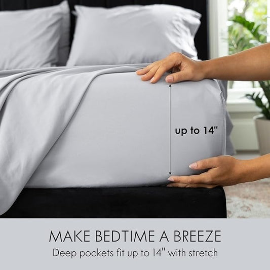 ClevaHome King Size Sheet Set - 6 Piece Soft Breathable Luxury Bed Sheet Set - Shrinkage & Fade Resistant Embroidered Bedding Sheet with 14-inch Deep Pocket, 2 Extra Pillowcases (King, Misty Grey)
