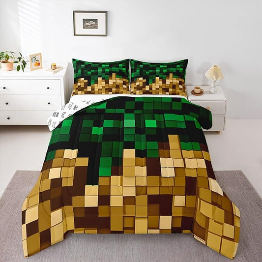 Pixelated Miners Blocks Kids Bedding Set Queen Size,Patchwork Square Video Games Comforter Set,Geometric Patchwork Grid Quilt Comforter,Green Yellow Bedroom Duvet Insert,2 Pillowcases