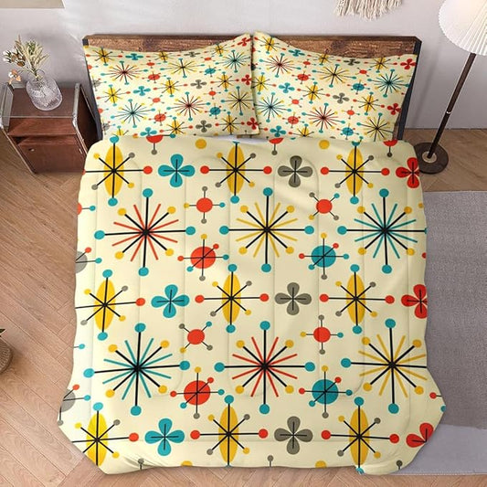King Size Comforter Set with 2 Pillowcases, Mid Century Retro 50S Atomic Soft 3 Pcs Bedding for Kids and Adults Bedroom Bed Decor