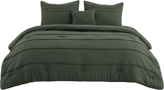 Bedsure King Comforter Set - 4 Pieces Pinch Pleat Bed Set, Olive Green Boho Bedding for All Season, 1 Soft Comforter, 2 Pillowcases, 1 Decorative Pillow