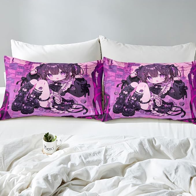 Erosebridal Kawaii Anime Girl Fitted Sheet Queen 3D Japanese Style Bed Sheets for Boys Girls Uniform Girls Bed Set Girly Anime Gift Sheets with 2 Pillowcases