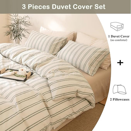 VM VOUGEMARKET Teen Boys Duvet Cover Set Twin,Greyish-Green Stripes Duvet Cover with 2 Pillowcases,Modern Cozy Washed Cotton Comforter Cover with Zipper Closure & Corner Ties 68"x90"(3pcs,Twin XL)