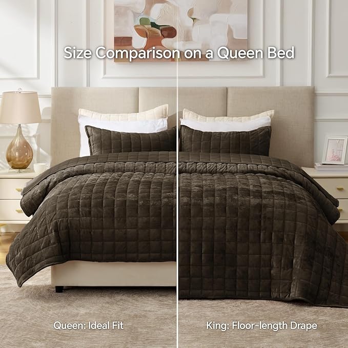 BEDELITE Velvet Quilt Set Queen Size - Luxury Velvet Comforter Bedding Set 3 Pieces, Lightweight Soft Cozy Mocha Brown Oversized Bedspread Coverlet for All Seasons with 2 Pillow Shams