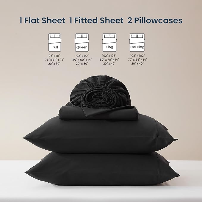 SLEEP ZONE Nanotex Super Soft Cooling Queen Bed Sheets Set 4 Piece - Easy Care Fitted Flat Sheet & Pillowcase Sets - Wrinkle Free, Fade Resistant, Deep Pocket 16" (Black, Queen)