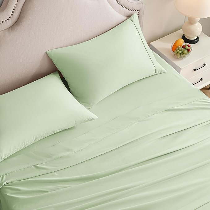 King Size Sheets Set, 4 Pieces Hotel Luxury Soft Microfiber Bed Sheets Set, Up to 16" Deep Pockets, Oeko-Tex Sheets with Elastic, Breathable, Wrinkle Free (Sage, King)