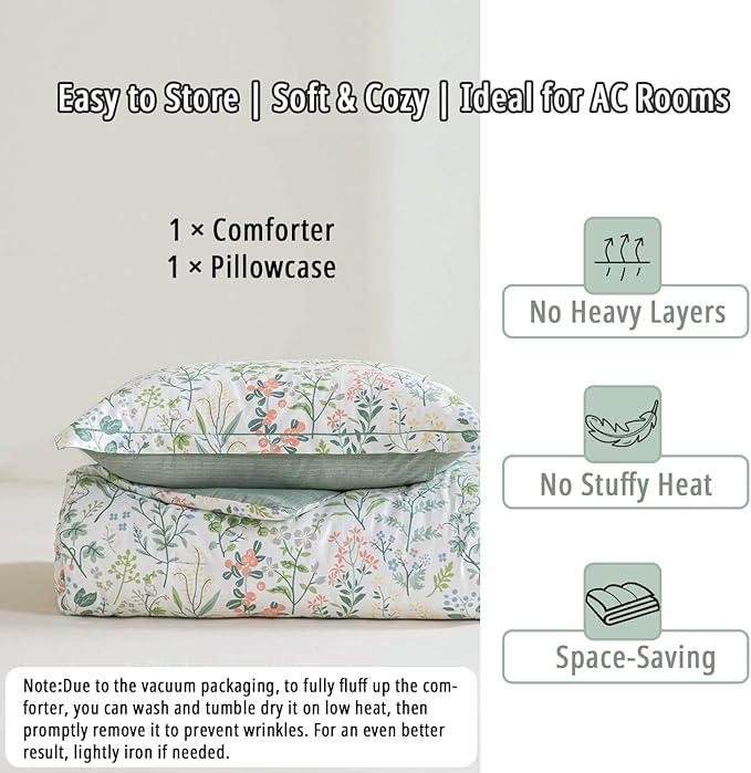 Floral Cotton Comforter Twin Size - Botanical Wildflower Pattern with Soft Pestel Accents on White, Textured Dusty Green Back, 2PC Lightweight Bedding Set with Down Alternative Fill(68"×90")