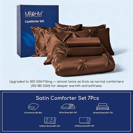 MR&HM Satin Comforter Full 7 Pieces - Luxurious Pinch Pleat Bedding Set with Comforter, Flat Sheet, Fitted Sheet, Pillowcases & Shams, Super Silky Soft Bed Set for All Season (Full, Brown)