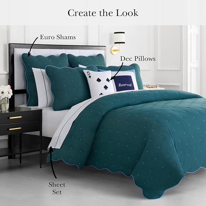 kate spade new york Scalloped Edge 3-Piece Full/Queen Quilt Bedding Set, 100% Cotton Voile Reversible Cover, All Season Bedding, Machine Washable, Blue Spruce