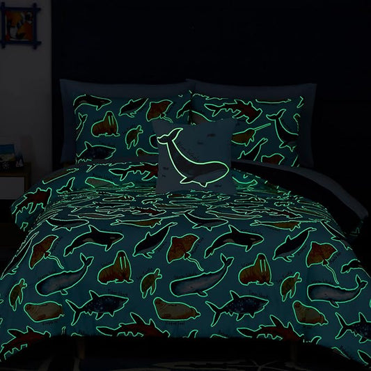 Kids Comforter Set Full Size for Boys, Glow in The Dark Sea World Bedding Set 1 Comforter, 1 Decor Pillow, 2 Pillow Shams