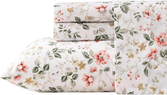Laura Ashley - Full Sheet Set, Crisp & Cool Cotton Percale Bedding with Deep Pockets, Lightweight for Year Round Comfort, Bed Sheets with Matching Pillowcases (Meadow Floral Beige)