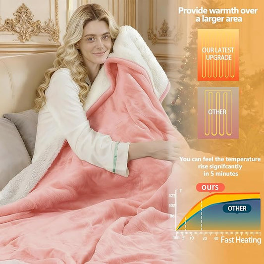 Electric Heated Blanket Throw Size 50''x60''-Control Heating Blanket, Soft & Warm Flannel 10-Level Temperature Control, 8 Hours Auto Off, Rapid Heating & Overheat Protection