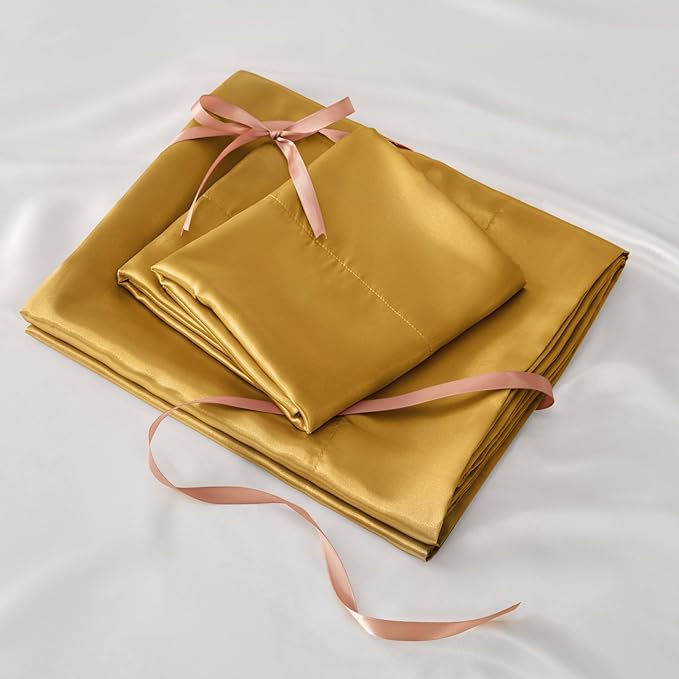 BEDELITE Satin Sheets Full Size Bed Set, Luxury Soft Gold Silky Sheets for Hair and Skin, Similar to Silk Bed Sheets Set 4 Pieces with 1 Deep Pocket Fitted Sheet, 1 Flat Sheet, and 2 Pillowcases