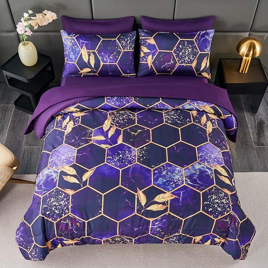 ANGIYUIN Purple Gold Comforter Set California King Size, Marble Gold Leaves Printed Bedding Comforter Set, 7 Pieces Hexagon Honeycomb King Bed in A Bag with Sheets for All Season