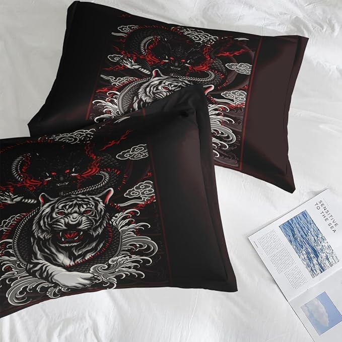 Comforter Set Twin Size, Tiger Dragon 5 Pcs Bedding for Kids and Adults, Black and Red Bed Sheet Sets with Fitted Sheet Pillowcase & Sham for Bedroom Bed Decor