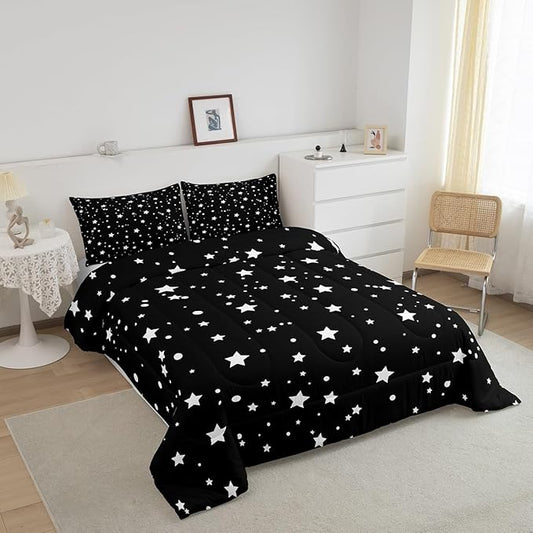 Starry Sky Comforter Set Queen Size Galaxy Star Bedding Set for Kids Boys Girls, Outer Space Down Comforter, Black and White Geometric Polka Dots Quilt Set Warm Soft Bedroom Decor 2 Pillow Cases
