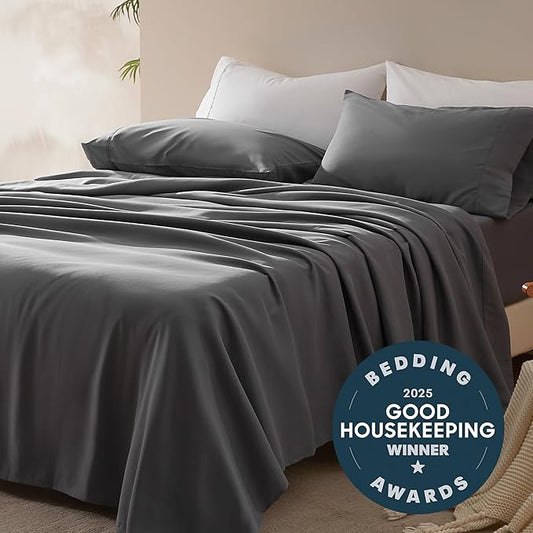 SLEEP ZONE Nanotex Super Soft Cooling Queen Bed Sheets Set 4 Piece - Easy Care Fitted Flat Sheet & Pillowcase Sets - Wrinkle Free, Fade Resistant, Deep Pocket 16" (Gray, Queen)