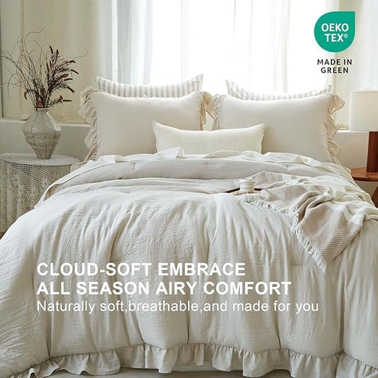 Beige Ruffle Comforter Set King, Pre-Washed Shabby Chic Bedding Set, Lightweight Cottagecore Soft Romantic Cozy 1 Comforter & 2 Shams, All-Season