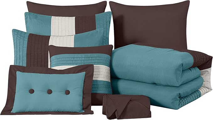 Chezmoi Collection Loft 8-Piece Luxury Striped Comforter Set (Full, Blue/Beige/Chocolate Brown)