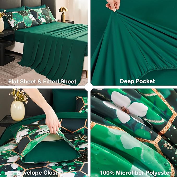 ANGIYUIN Green Marble California King Size Comforter Sets White Flowers Bedding Sets 7Pcs Gold Honeycomb Bed in A Bag for Women Men Luxury Farmhouse Bed Comforter Sets for All Season