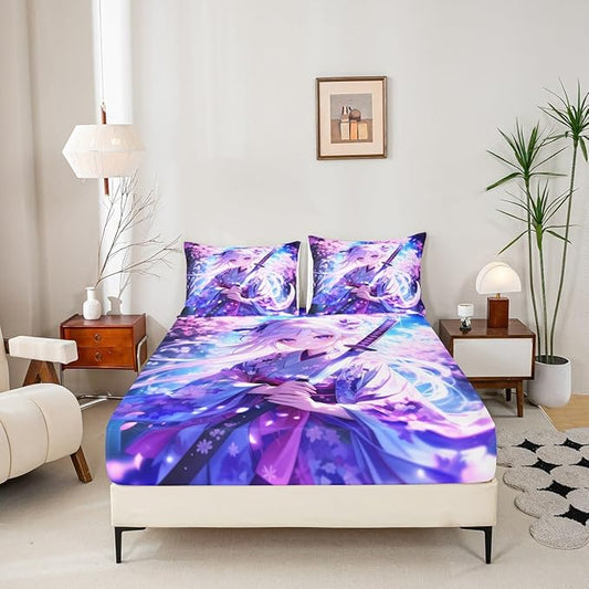 Erosebridal Anime Girl Queen Bedding Set for Kids, Kawaii Japanese Anime Fitted Sheet Cartoon Girl Bed Sheets Sci Fi Style Japanese Animation Sheets for Kids Girls Teens Adult Bedroom