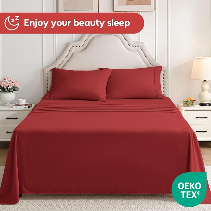 Twin Sheets Set, 3 Pieces Hotel Luxury Soft Microfiber Bed Sheets Set, Up to 16" Deep Pockets, Oeko-Tex Sheets with Elastic, Breathable, Wrinkle Free (Wine Red, Twin)