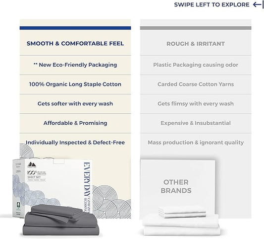 Mayfair Linen 100% Organic Cotton Sheets King Size - 4 PC Organic Cotton King Percale Weave Sheet Set, Soft, Cooling, Crisp & Breathable, 16" Deep Pocket Hotel Quality Bedding Set - Dark Grey