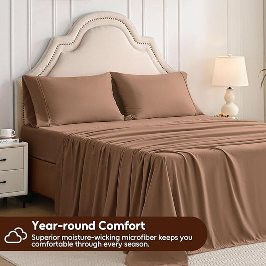 Full Size Bed Sheets Set, 4 Pieces Hotel Luxury Soft Microfiber Bed Sheets Set, Up to 16" Deep Pockets, Oeko-Tex Sheets with Elastic, Breathable, Wrinkle Free (Brown,Full)