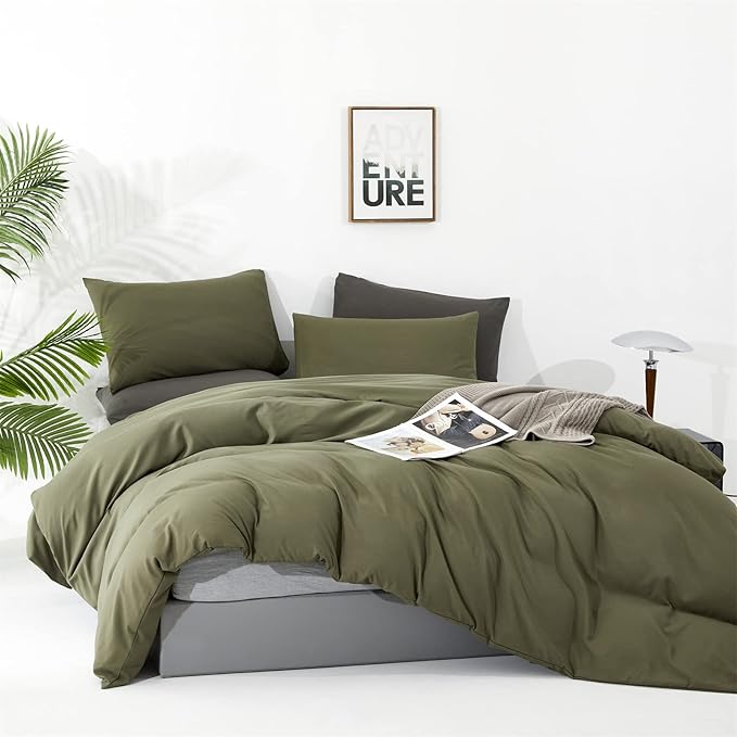 CLOTHKNOW Olive Green Queen Comforter Set Green Bedding Comforter Sets Soft Dark Green Comforter with 2 x Pillow Cases