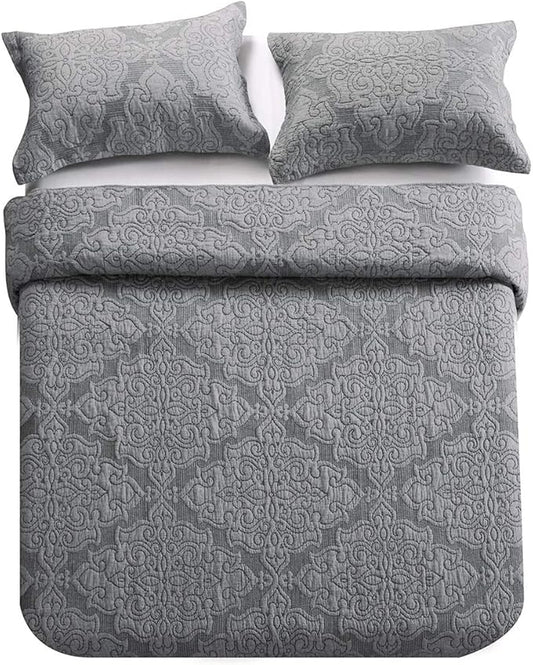 Travan 3-Piece Queen Quilt Set Quilted Bedspread Oversized Microfiber Lightweight Bedspread Coverlet Set with Shams Bedding Set for All Season, Grey, Queen Size