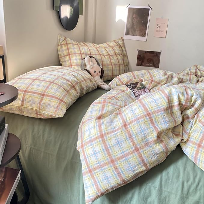 EAVD Vintage Style Buffalo Plaid Duvet Cover Twin Size 3 Pieces Grid Plaid Bedding Set Soft 100% Washed Cotton Aesthetic Gingham Duvet Cover with 2 Pillowcases Colorful Grid Checkered Bedding Set