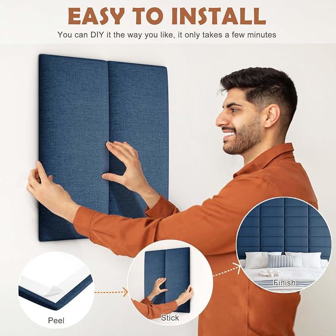 IFNOW Wall Mounted Headboard, Peel and Stick Panels, Navy Blue, Queen | 3D Soundproof Acoustic Padding, Reusable and Removable Tufted fabric Bed Headboard for bedroom (9 Panels, 10" x 24")