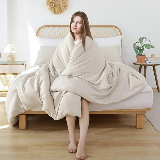 ROSGONIA Oversized King Comforter 120x120, 3pcs Super King Comforter (1 Beige Comforter & 2 Pillowcases) Lightweight Warm Bedding Set Blanket Quilt