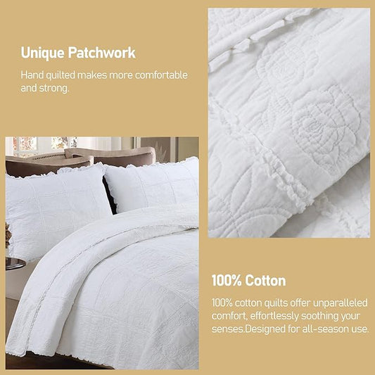 DURLENGEN White Rose Patchwork 100% Cotton King Quilt 3Pcs,White Patchwork with Rose Pattern,Luxury Lightweight Cotton Coverlet Sets for All Season(King 106x96,White Rose Patchwork)