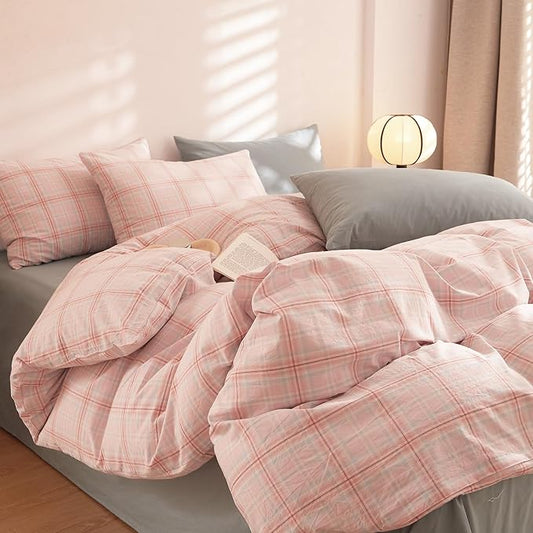 EAVD Pink Gingham Comforter Set Full Soft Fluffy Pink Plaid Comforter Set 3 Pieces Modern Grid Checkered Pattern Bedding Set for All-Season Farmhouse Gingham Bedding Set for Boy Women Men