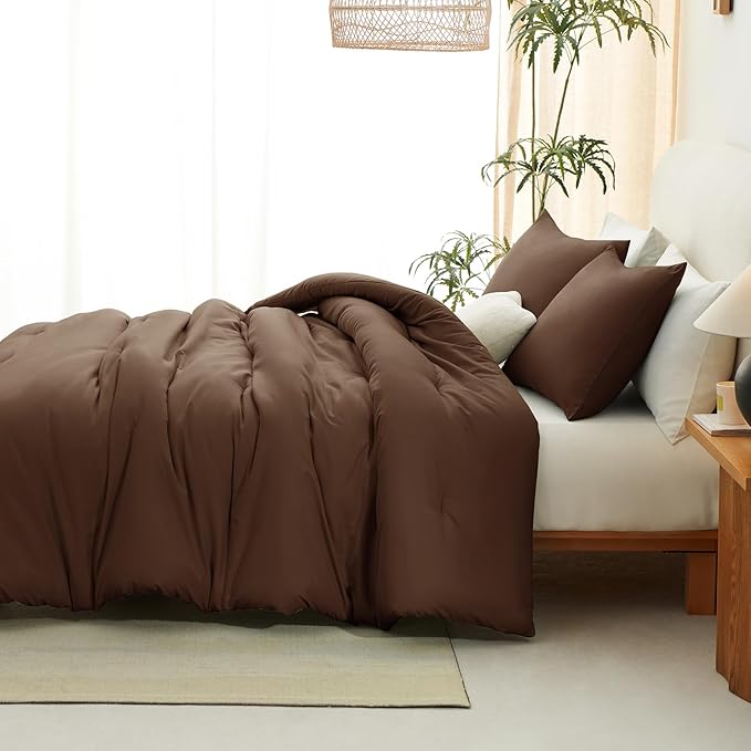 CozyLux King Size Comforter Set Brown, 3 Pieces Solid Comforters King Size Breathable Quilted Bedding Sets, Luxury Soft Lightweight Bed Set with Down Alternative Comforter and 2 Pillowcases All Season