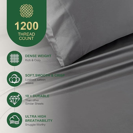 Ivelow 100% Egyptian Cotton Sheets Full Size Set - 1200 Thread Count 6 PC 18" Deep Pocket Full Size Bed Sheet Set,Luxury Soft Breathable Grey Cooling Sheet Sets Durable Hotel Quality Bedding