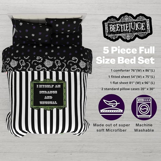 Franco Collectibles Beetlejuice Halloween Striped Bedding 5 Piece Super Soft Reversible Comforter and Sheet Set, Full, (Officially Licensed Product)