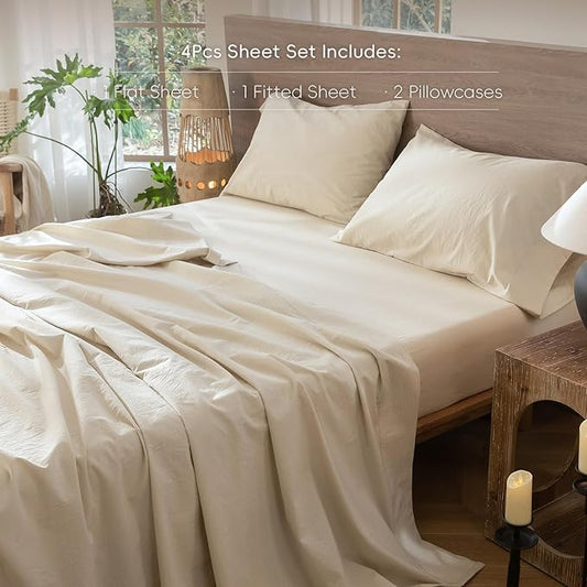 MooMee Bedding Sheet Set 100% Washed Cotton Linen Like Textured Breathable Durable Soft Comfy (Heathered Almond Milk Grey, California King)