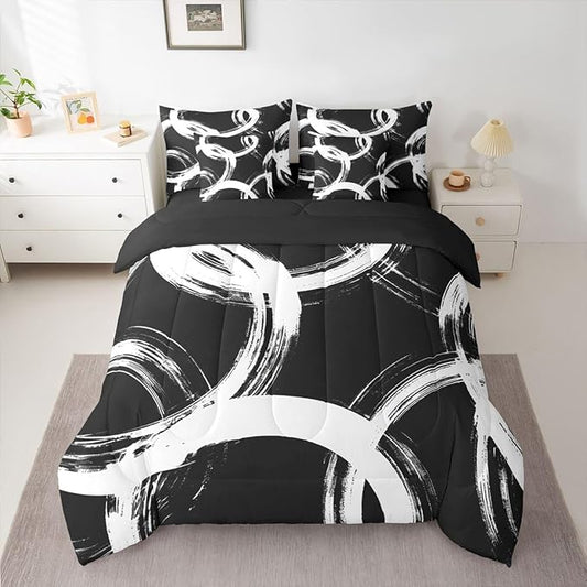Erosebridal White and Black 7 Pcs Comforter Set King Abstract Line Minimalist Ink Painting Bedding Set for Kids Boys Girls Simple Graffiti Art Modern Geometric Sheet Set Boho Cool Unique Mens Quilt